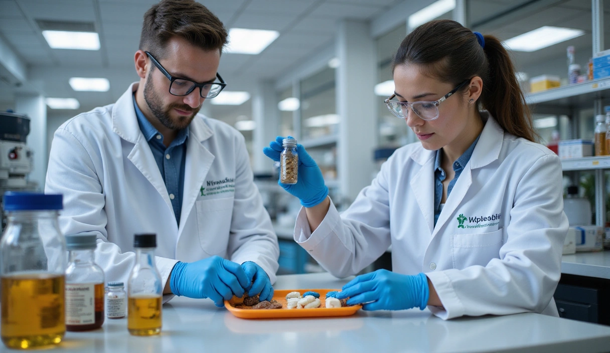 Scienziati in laboratorio che conducono test di qualità su integratori