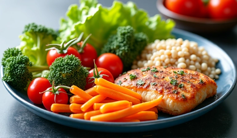 Piatto colorato e sano con verdure fresche, proteine magre e cereali integrali.