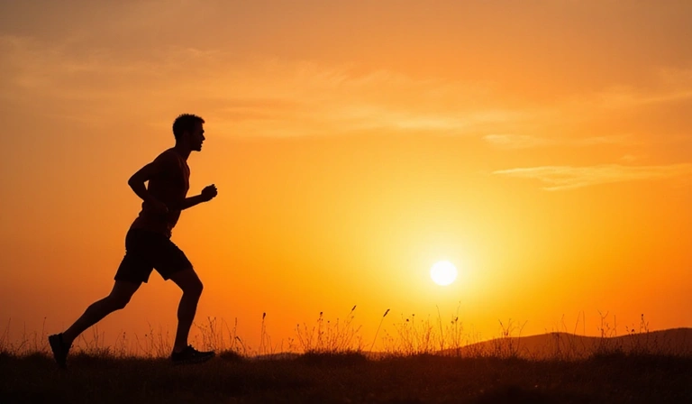 Uomo che corre all'alba, simbolo di energia e inizio di una giornata sana.