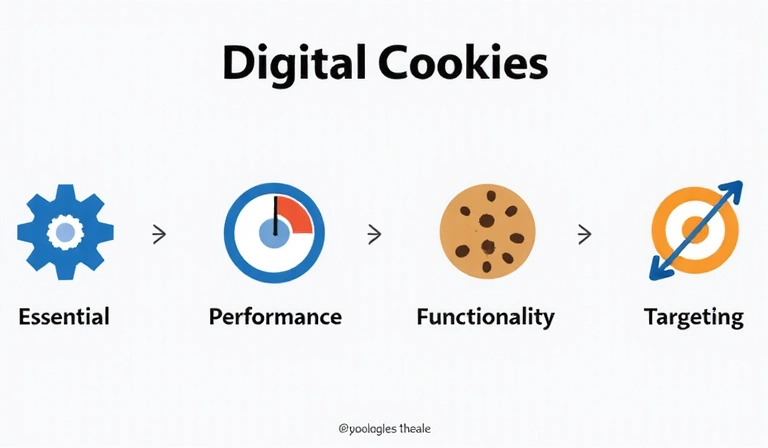 Diversi tipi di biscotti digitali etichettati come essenziali, prestazionali, funzionali e di targeting