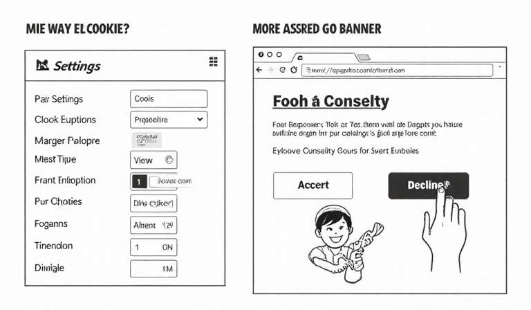Illustrazione di un utente che gestisce le impostazioni dei cookie sul browser e tramite un banner di consenso sul sito web