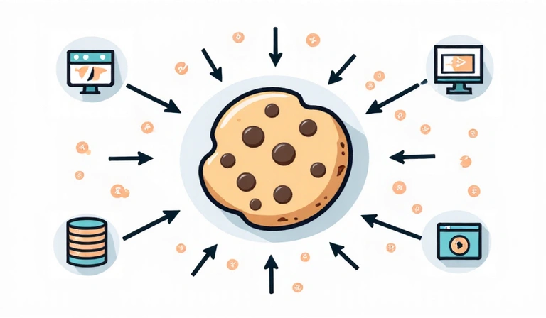 Illustrazione di un cookie di internet con dati che fluiscono da esso a un browser e un server