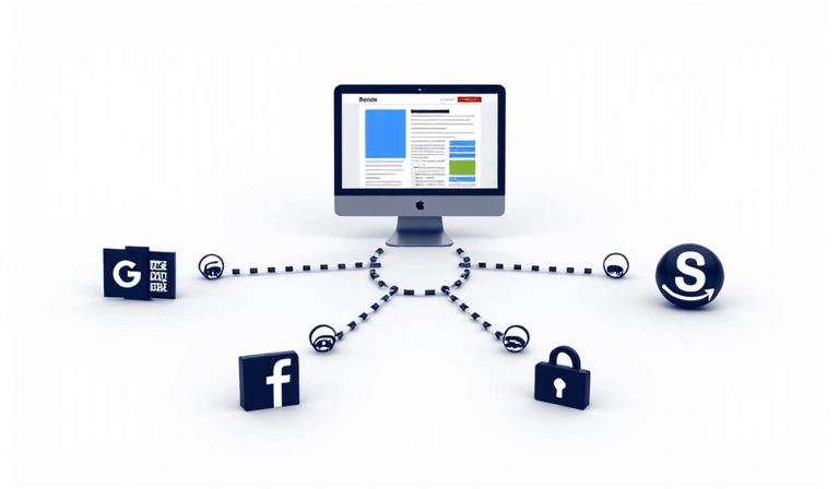 Illustrazione di un sito web che interagisce con piattaforme di terze parti come Google, Facebook, YouTube, rappresentate da icone