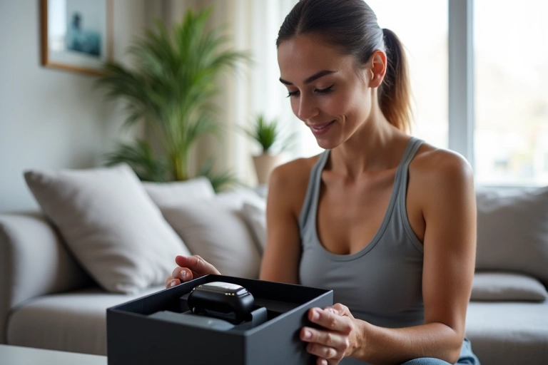 Donna che esamina un prodotto fitness di alta qualità appena ricevuto in una confezione elegante